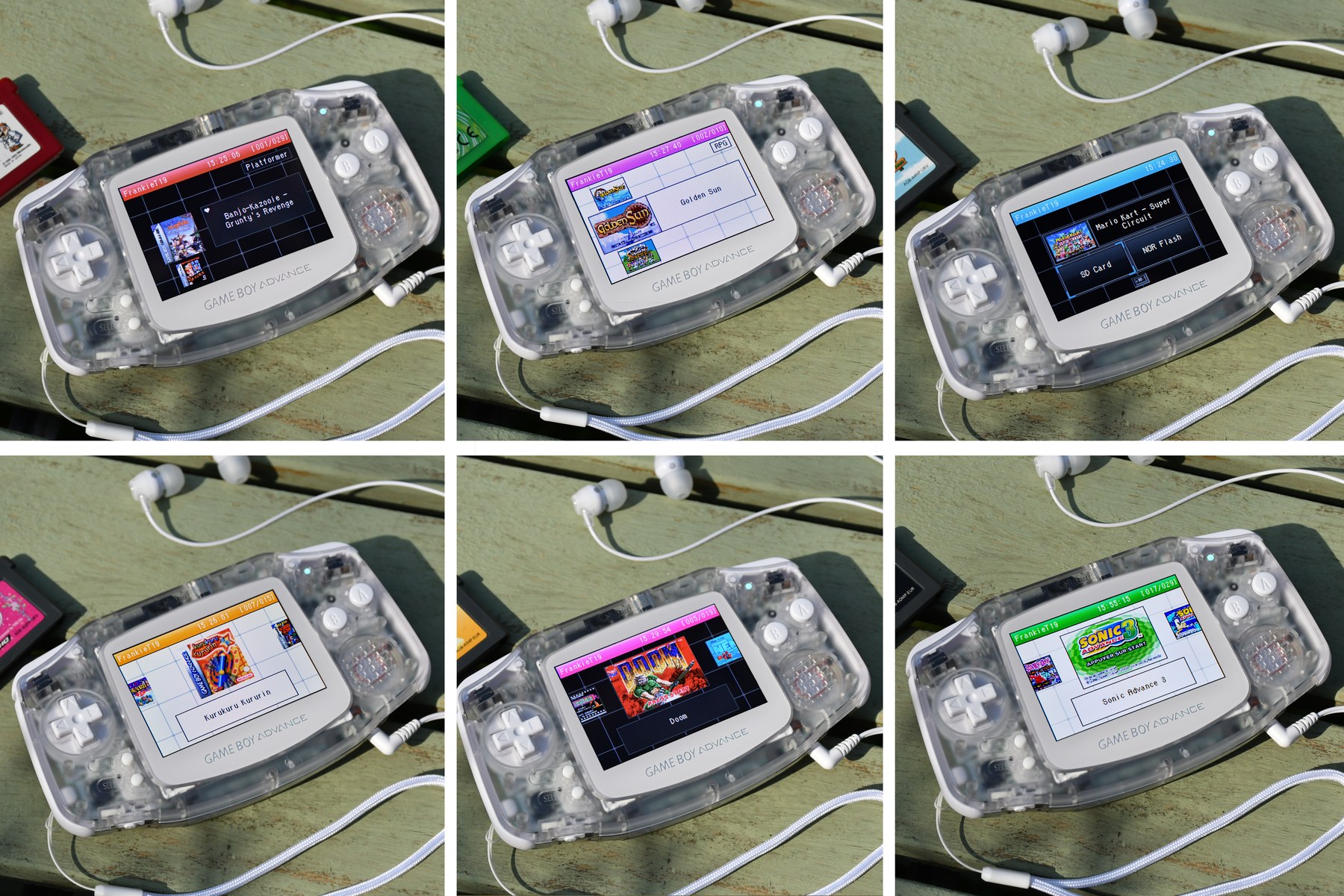 Six DS Style launcher layouts shown on a Game Boy Advance