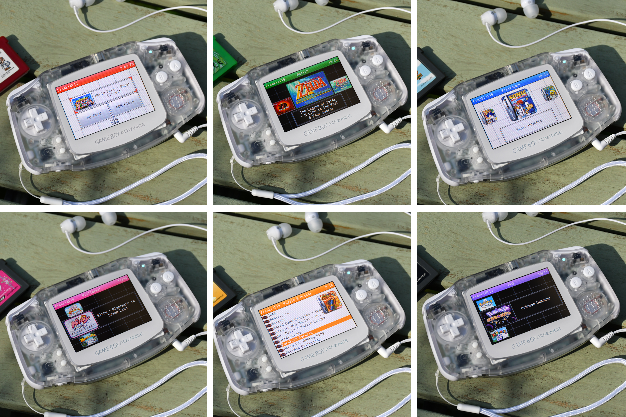 Six DS Style launcher layouts shown on a Game Boy Advance